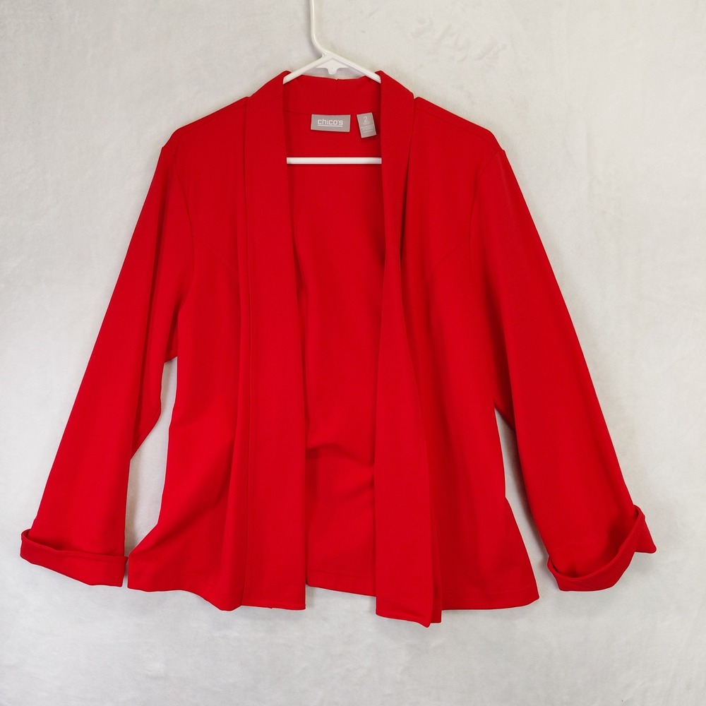 Chicos Red Open Front Cardigan Shawl Collar Jersey Knit Jacket Size 2 Large